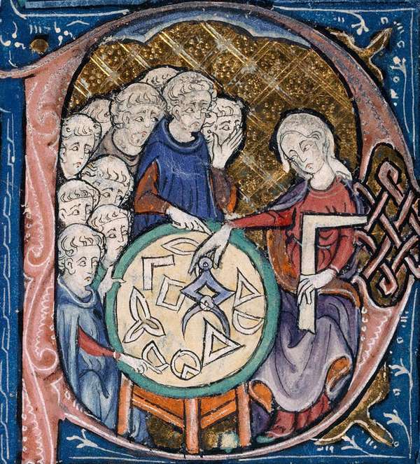 "Woman teaching geometry" Illustration at the beginning of a medieval translation of Euclid's Elements (c. 1310 AD) (Credit: British Library)