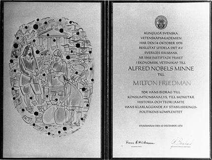 This is the Nobel award which economist Milton Friedman will receive, is seen in this Dec. 10, 1976 file photo taken in Stockholm, Sweden. The economics award was not among the five awards that Alfred Nobel established in his will for medicine, physics, chemistry, literature and peace. It was created by the central bank of Sweden in 1968 in Nobel’s honor. (AP Photo/File)