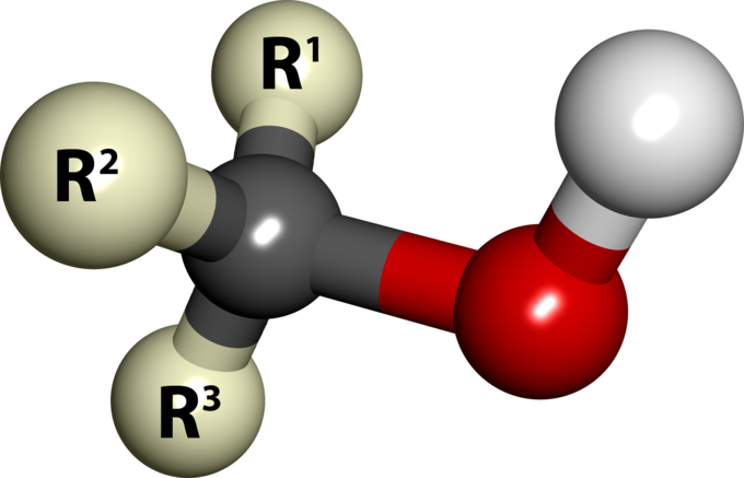 Ball-and-stick model of the hydroxyl (-OH) functional group in an alcohol molecule (R3COH). The three "R's" stand for carbon substituents or hydrogen atoms