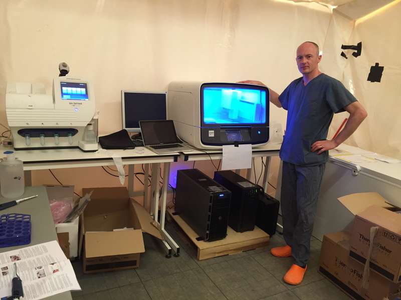 Professor Ian Goodfellow with installed viral genome sequencer machines in Sierra Leone.