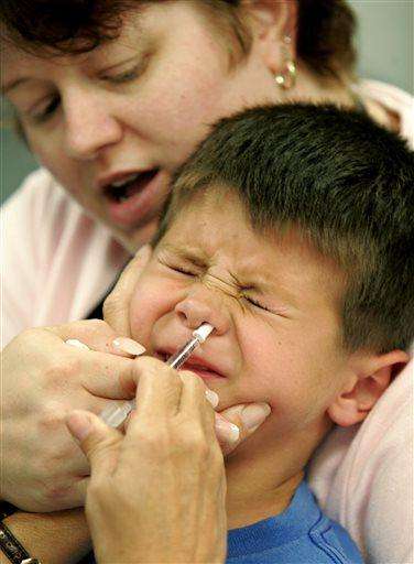  
              In this Tuesday, Oct. 4, 2005 file photo, Eric Krex, 6, reacts as he is held by his mother, Margaret, while a nurse gives him a FluMist influenza vaccination in St. Leonard, Md. According to a study released Wednesday, Oct. 8, 2014, members of the military who squirted vaccine up their noses were as well-protected as others who got it from health care workers. There's no reason civilians couldn't do the same, especially for children who might be less scared if vaccine was given by mom or dad, the study leader said. (AP Photo/Chris Gardner)
             