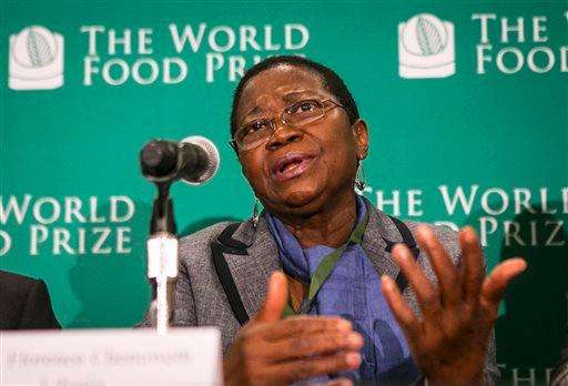  
              Florence Chenoweth, Minister of Agriculture, Liberia speaks at a press conference to address the importance of investing in rural agriculture around the world, especially in the face of issues such as the current Ebola crisis, at the World Food Prize Symposium Wednesday Oct. 15, 2014, in Des Moines, Iowa.(AP Photo/The Des Moines Register, Rodney White)  MAGS OUT, TV OUT, NO SALES, MANDATORY CREDIT
             