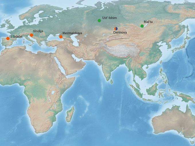 Map of Pleistocene fossils with published nuclear DNA (orange: Neandertals, blue: Denisovans, green: modern humans). (Source: Vyacheslav Andreev/Max Planck Institute)