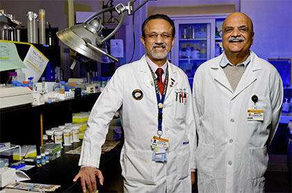 At right: Mahesh Thakkar, PhD, associate professor and director of research in the MU School of Medicine’s Department of Neurology, and Pradeep Sahota, MD, chair of the MU School of Medicine’s Department of Neurology, have studied alcohol’s effects on sleep for more than five years. Their study, recently published in the international biomedical journal Alcohol found that drinking interferes with the brain’s built-in system for regulating a person’s need for sleep. (Source: University of Missouri Health System)