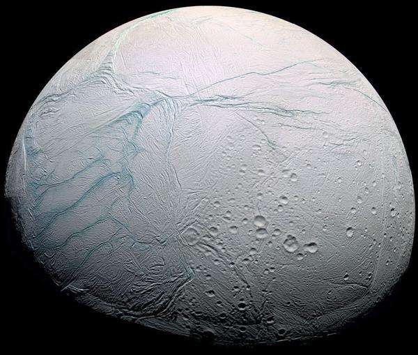 Enceladus, a Saturn moon that may boast microscopic life. (Source: NASA/JPL)