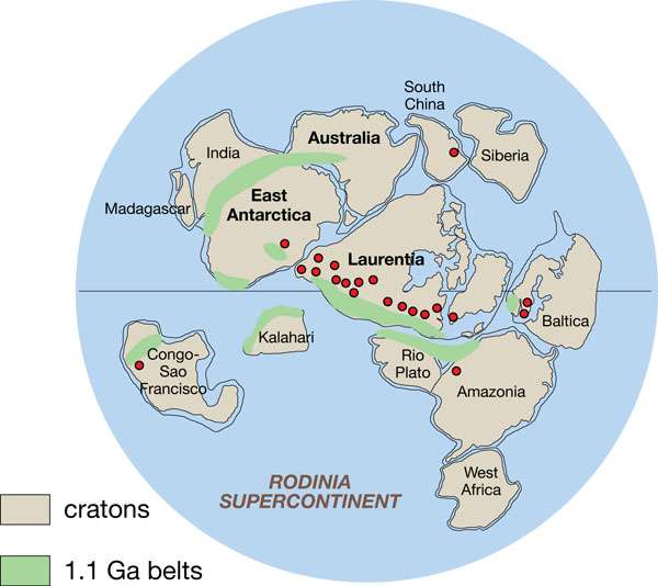 The proposed conglomeration of the earth supercontinent Rodinia. (Source: Wikimedia)