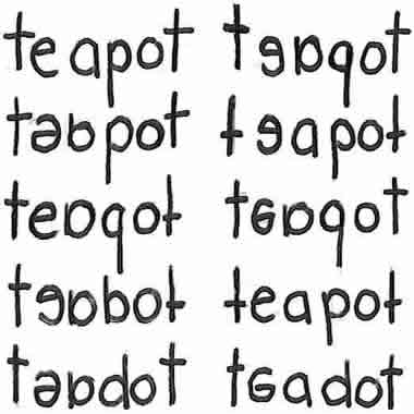 The word 'teapot' as a dyslexic person might write them. (Source: Wikimedia Commons/positivedyslexia.com)