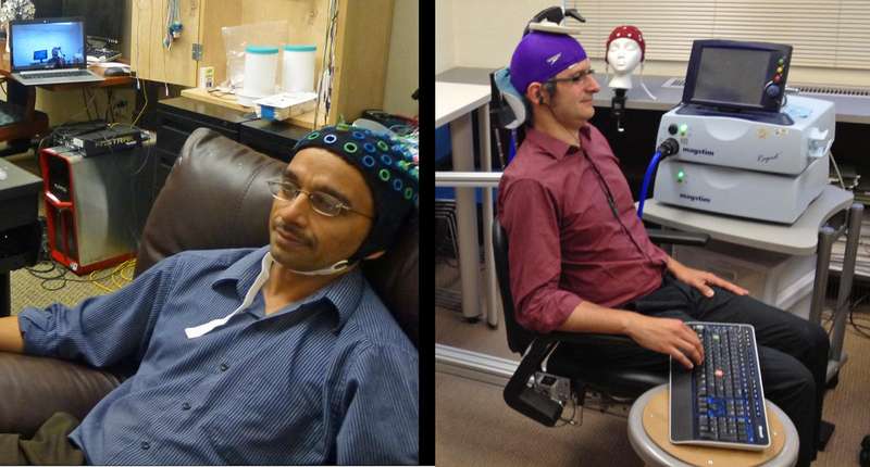 University of Washington researcher Rajesh Rao, left, plays a computer game with his mind. Across campus, researcher Andrea Stocco, right, wears a magnetic stimulation coil over the left motor cortex region of his brain. Stocco’s right index finger moved involuntarily to hit the “fire” button as part of the first human brain-to-brain interface demonstration. (Source: University of Washington)