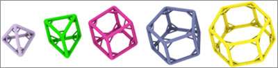 The five cage-shaped DNA polyhedra here have struts stabilizing their legs, and this innovation allowed a Wyss Institute team to build by far the largest and sturdiest DNA cages yet. The largest, a hexagonal prism (right), is one-tenth the size of an average bacterium. (Source: Yonggang Ke/Harvard's Wyss Institute)