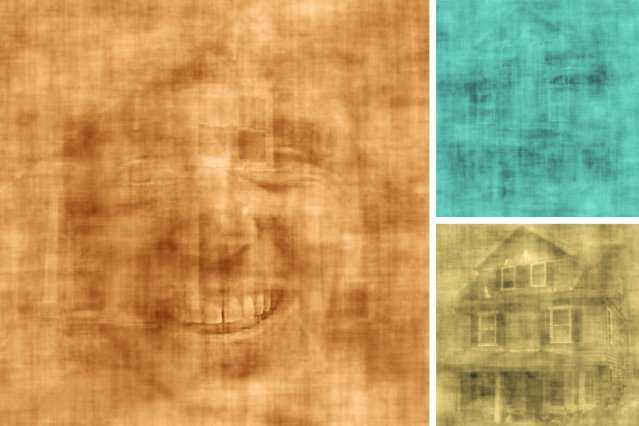 Screen shots from a video of overlapping images of faces and houses, shown to subjects who were asked to pay attention to one or the other. (Video by Daniel Baldauf, screen shots colorized by MIT News)