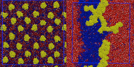 H-Ras proteins (yellow) clump together in 0 to 25 microseconds in stills from the simulations produced by TACC's Stampede supercomputer. The top view of the cell membrane is shown here. The reds, blues, and whites are three different types of lipid species. Water and ions were included in the simulation but are not shown.