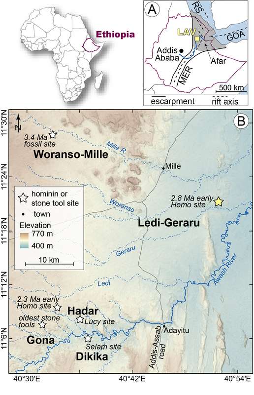 Detailed map of where the Ledi-Geraru site is located, in reference to other important fossil sites in Ethiopia. (Source: Erin Dimaggio)